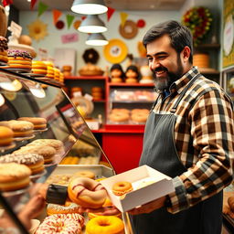 A father of an Iranian elementary school student, standing in a vibrant bakery shop, selecting delicious donuts from a colorful display