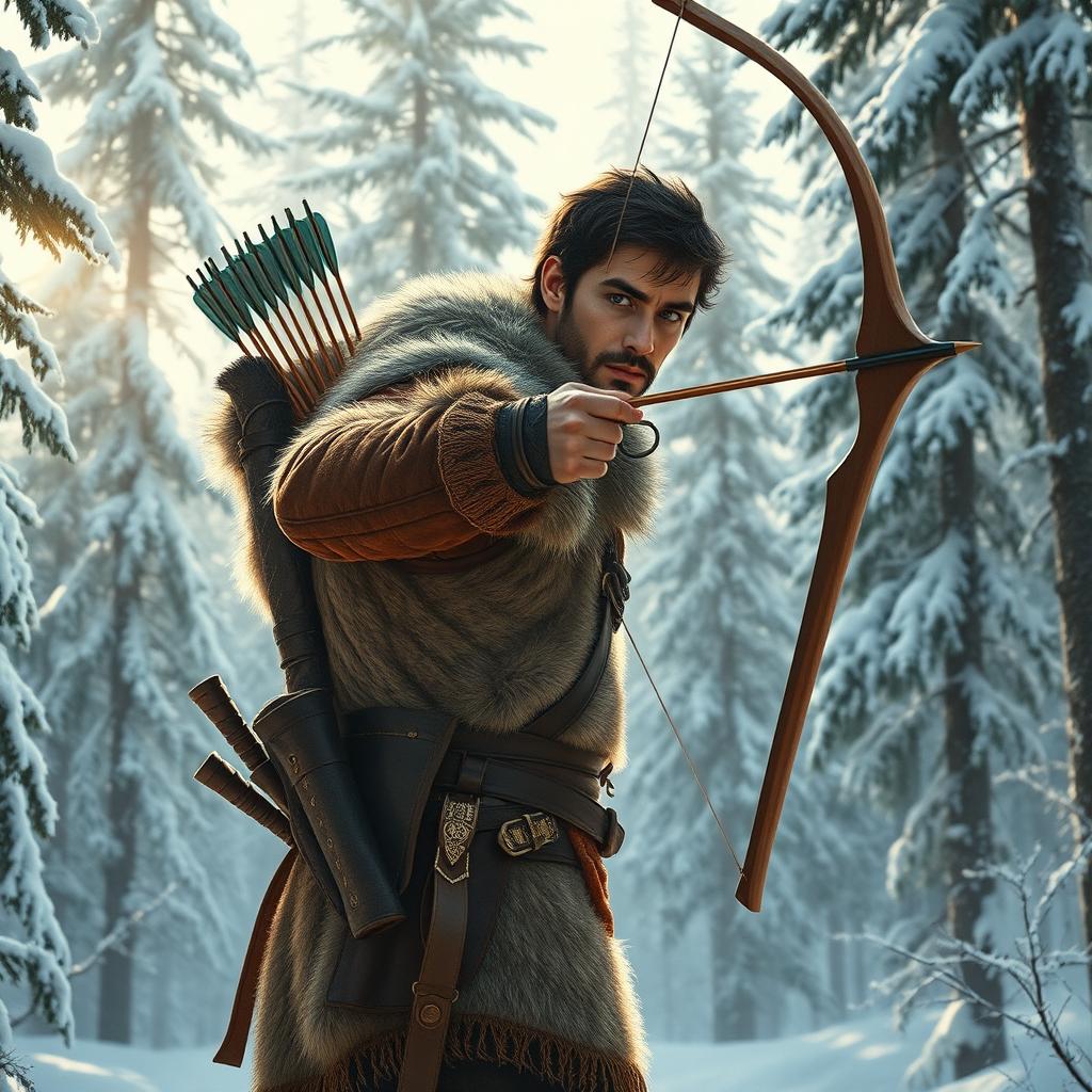 A fantasy male hunter standing poised in a tranquil snowy forest