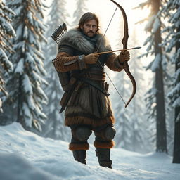 A fantasy male hunter standing poised in a tranquil snowy forest