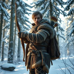 A fantasy male hunter standing poised in a tranquil snowy forest