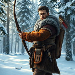 A fantasy male hunter standing poised in a tranquil snowy forest