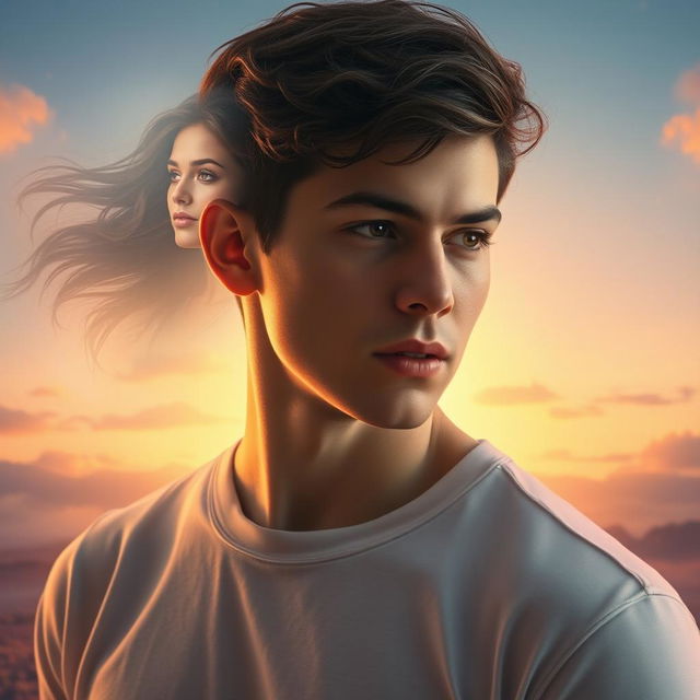 A young woman subtly occupying a man's thoughts, depicted as a ghostly figure in the background of his mind