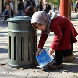 An Iranian elementary school student wearing a hijab, bending down to pick up her school book that has fallen next to a public trash can