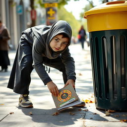 An Iranian elementary school student wearing a hijab, bending down to pick up her school book that has fallen next to a public trash can