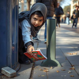 An Iranian elementary school student wearing a hijab, bending down to pick up her school book that has fallen next to a public trash can