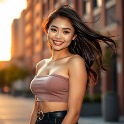 A stunningly attractive young woman with alluring features, wearing a fashionable crop top and a short skirt