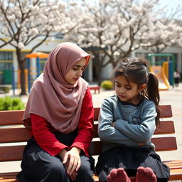 An Iranian elementary school student wearing a hijab, sitting on a bench in a schoolyard, talking to her friend who looks sad and gloomy
