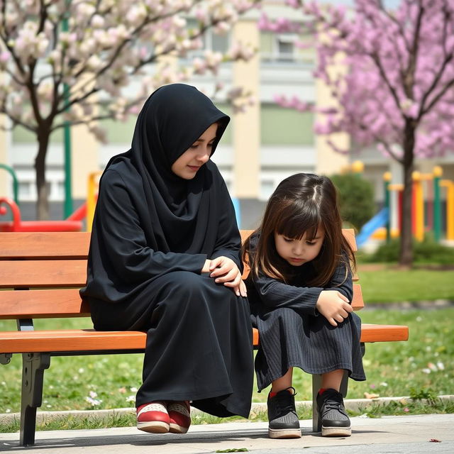 An Iranian elementary school student wearing a hijab, sitting on a bench in a schoolyard, talking to her friend who looks sad and gloomy