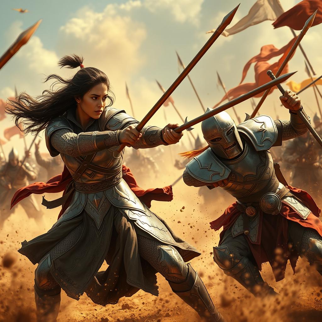 A captivating battle scene showcasing Gordafarid as she fights with incredible skill and bravery, her movements fluid and precise