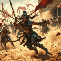 A captivating battle scene showcasing Gordafarid as she fights with incredible skill and bravery, her movements fluid and precise