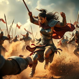 A captivating battle scene showcasing Gordafarid as she fights with incredible skill and bravery, her movements fluid and precise
