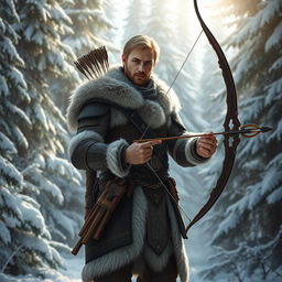 A heroic male fantasy hunter standing confidently in a magical snowy forest