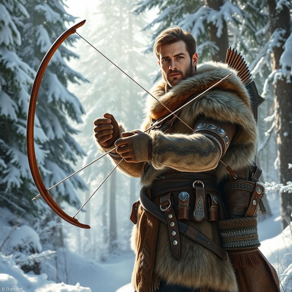 A heroic male fantasy hunter standing confidently in a magical snowy forest