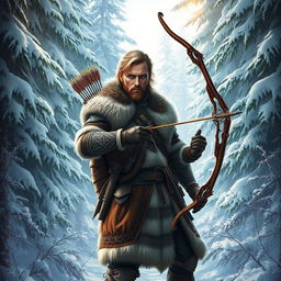 A heroic male fantasy hunter standing confidently in a magical snowy forest