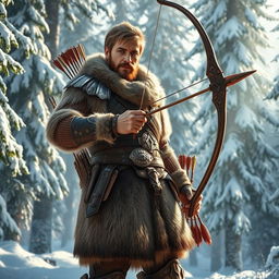 A heroic male fantasy hunter standing confidently in a magical snowy forest