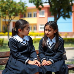 An Iranian elementary school student wearing a school uniform, sitting on a bench in a schoolyard, engaged in a conversation with her friend who is also in a school uniform