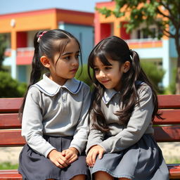 An Iranian elementary school student wearing a school uniform, sitting on a bench in a schoolyard, engaged in a conversation with her friend who is also in a school uniform