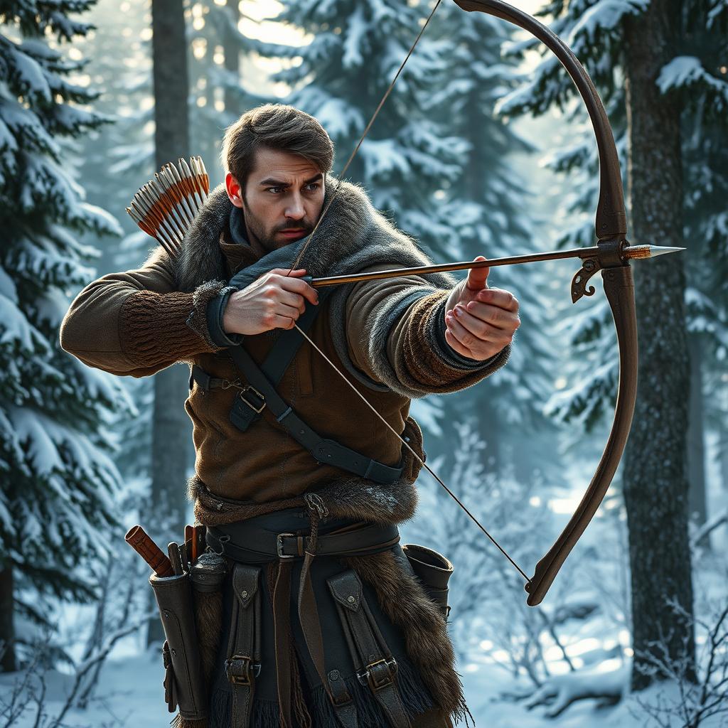 A rugged male fantasy hunter stands poised in a serene snowy forest, exuding confidence and expertise