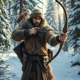 A rugged male fantasy hunter stands poised in a serene snowy forest, exuding confidence and expertise