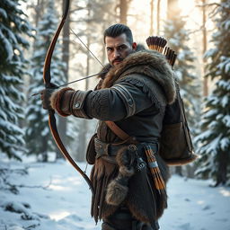 A rugged male fantasy hunter stands poised in a serene snowy forest, exuding confidence and expertise
