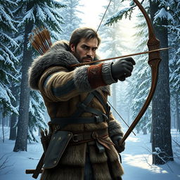 A rugged male fantasy hunter stands poised in a serene snowy forest, exuding confidence and expertise