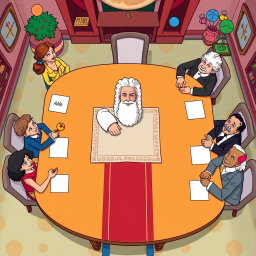 A vibrant cartoon-style scene depicting a large table from a top-down perspective