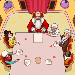 A vibrant cartoon-style scene depicting a large table from a top-down perspective