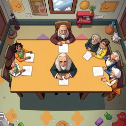 A vibrant cartoon-style scene depicting a large table from a top-down perspective