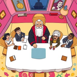 A vibrant cartoon-style scene depicting a large table from a top-down perspective