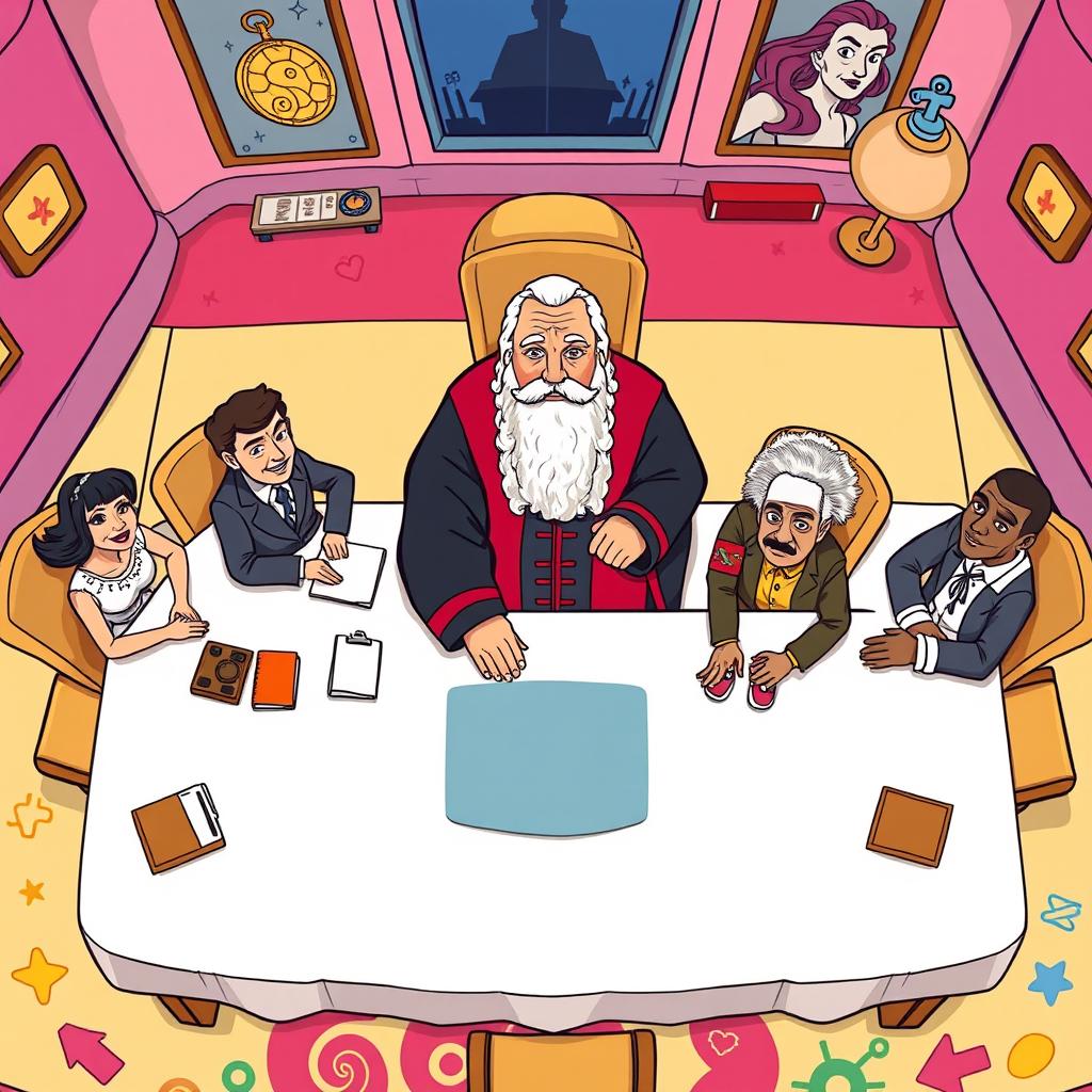A vibrant cartoon-style scene depicting a large table from a top-down perspective
