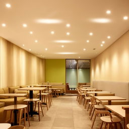 Interior design of a square-shaped coffee shop featuring a customer seating hall with light-toned background colors, comfortable furnishings, and mellow lighting.