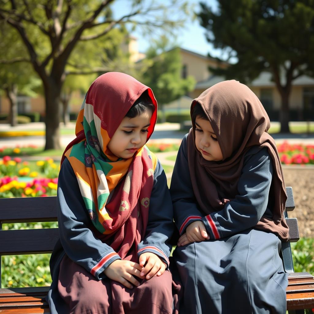 An Iranian elementary school student wearing a colorful hijab and a school uniform, sitting on a bench in a schoolyard, engaged in a heartfelt conversation with her friend, who is also in a matching school uniform and wearing a hijab