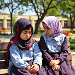 An Iranian elementary school student wearing a colorful hijab and a school uniform, sitting on a bench in a schoolyard, engaged in a heartfelt conversation with her friend, who is also in a matching school uniform and wearing a hijab