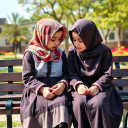 An Iranian elementary school student wearing a colorful hijab and a school uniform, sitting on a bench in a schoolyard, engaged in a heartfelt conversation with her friend, who is also in a matching school uniform and wearing a hijab