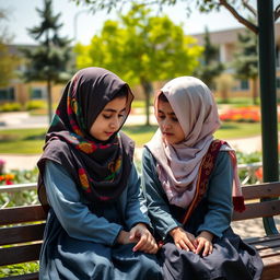 An Iranian elementary school student wearing a colorful hijab and a school uniform, sitting on a bench in a schoolyard, engaged in a heartfelt conversation with her friend, who is also in a matching school uniform and wearing a hijab