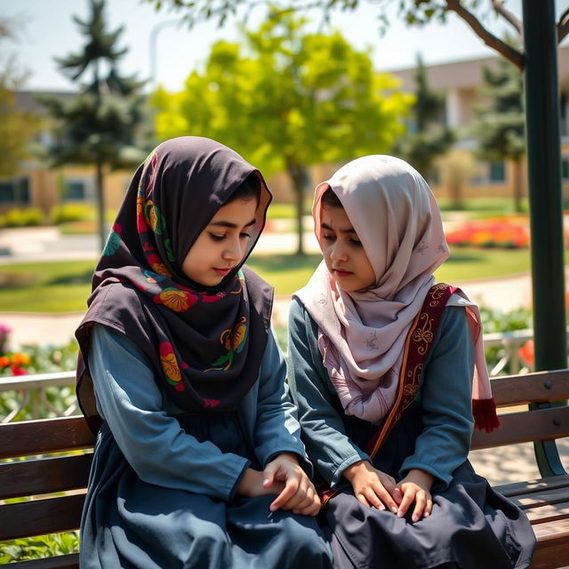 An Iranian elementary school student wearing a colorful hijab and a school uniform, sitting on a bench in a schoolyard, engaged in a heartfelt conversation with her friend, who is also in a matching school uniform and wearing a hijab