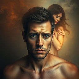 A surreal and artistic representation of a woman representing obsession and desire, appearing as a ghostly figure in the background of a man's mind
