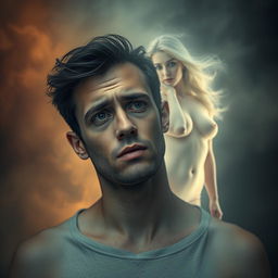 A surreal and artistic representation of a woman representing obsession and desire, appearing as a ghostly figure in the background of a man's mind