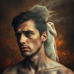 A surreal and artistic representation of a woman representing obsession and desire, appearing as a ghostly figure in the background of a man's mind