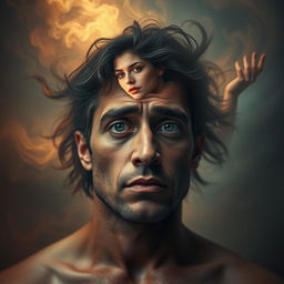 A surreal and artistic representation of a woman representing obsession and desire, appearing as a ghostly figure in the background of a man's mind