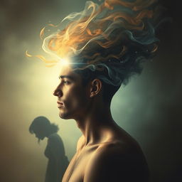 A surreal and artistic representation of a man's mind filled with thoughts of a mesmerizing woman, symbolizing obsession and allure