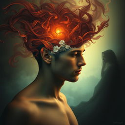 A surreal and artistic representation of a man's mind filled with thoughts of a mesmerizing woman, symbolizing obsession and allure