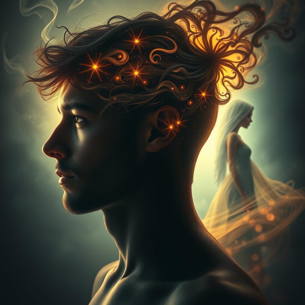 A surreal and artistic representation of a man's mind filled with thoughts of a mesmerizing woman, symbolizing obsession and allure