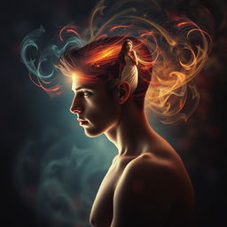 A surreal and artistic representation of a man's mind filled with thoughts of a mesmerizing woman, symbolizing obsession and allure