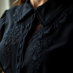 A close-up of a beautifully crafted black blouse with intricate lace details