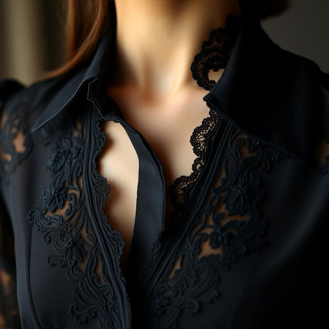 A close-up of a beautifully crafted black blouse with intricate lace details