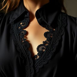 A close-up of a beautifully crafted black blouse with intricate lace details