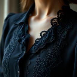 A close-up of a beautifully crafted black blouse with intricate lace details