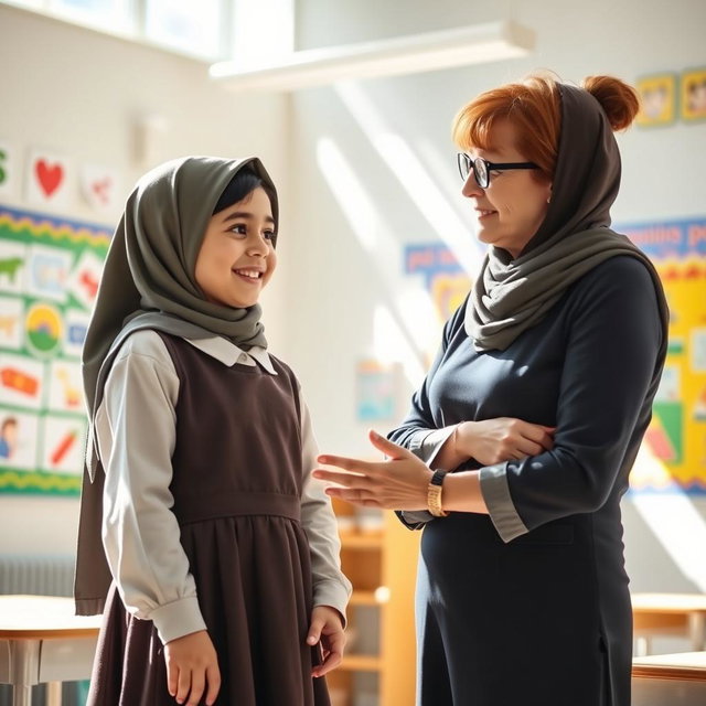 An Iranian elementary school student wearing a school uniform and a hijab, standing in a classroom while engaging in a conversation with one of her teachers