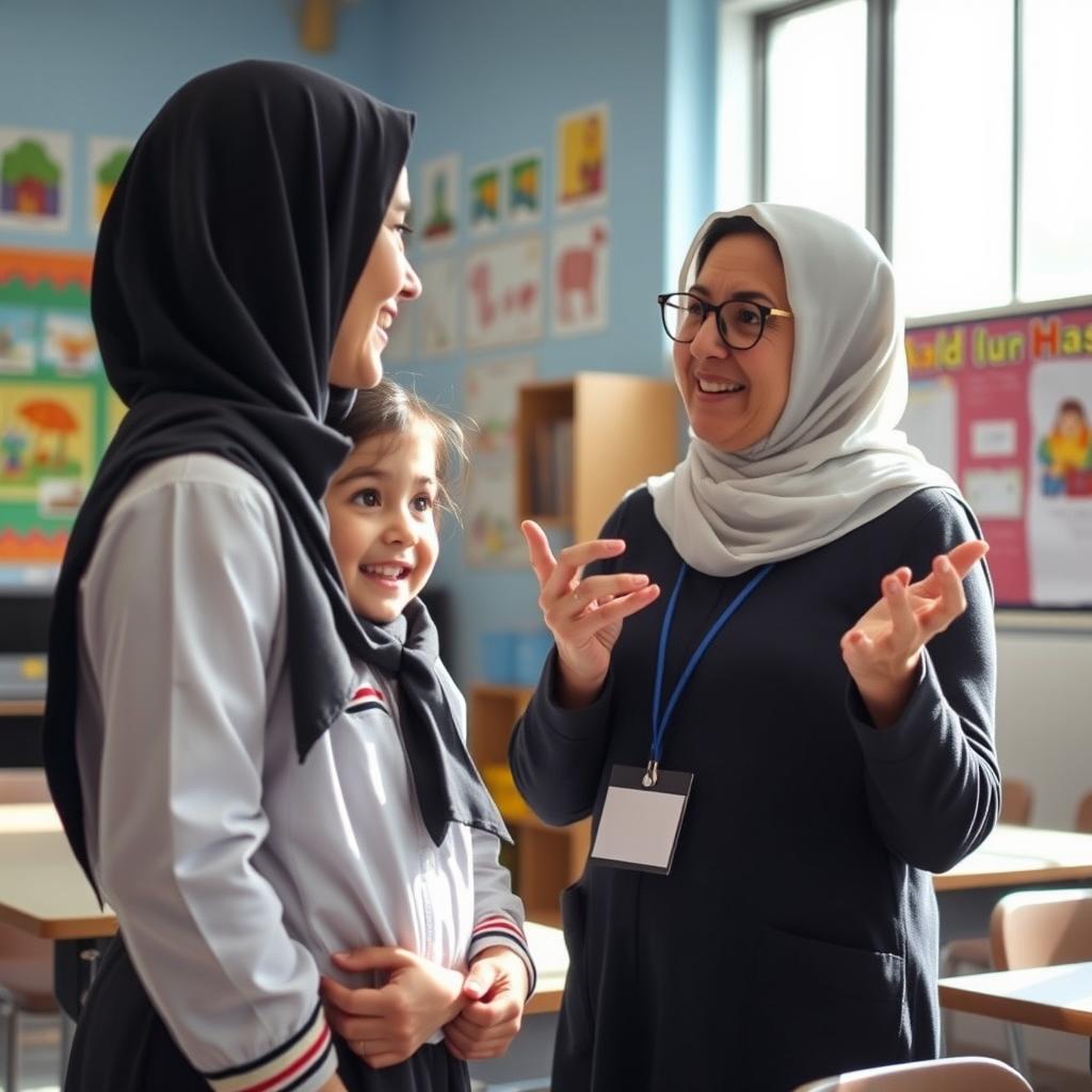 An Iranian elementary school student wearing a school uniform and a hijab, standing in a classroom while engaging in a conversation with one of her teachers